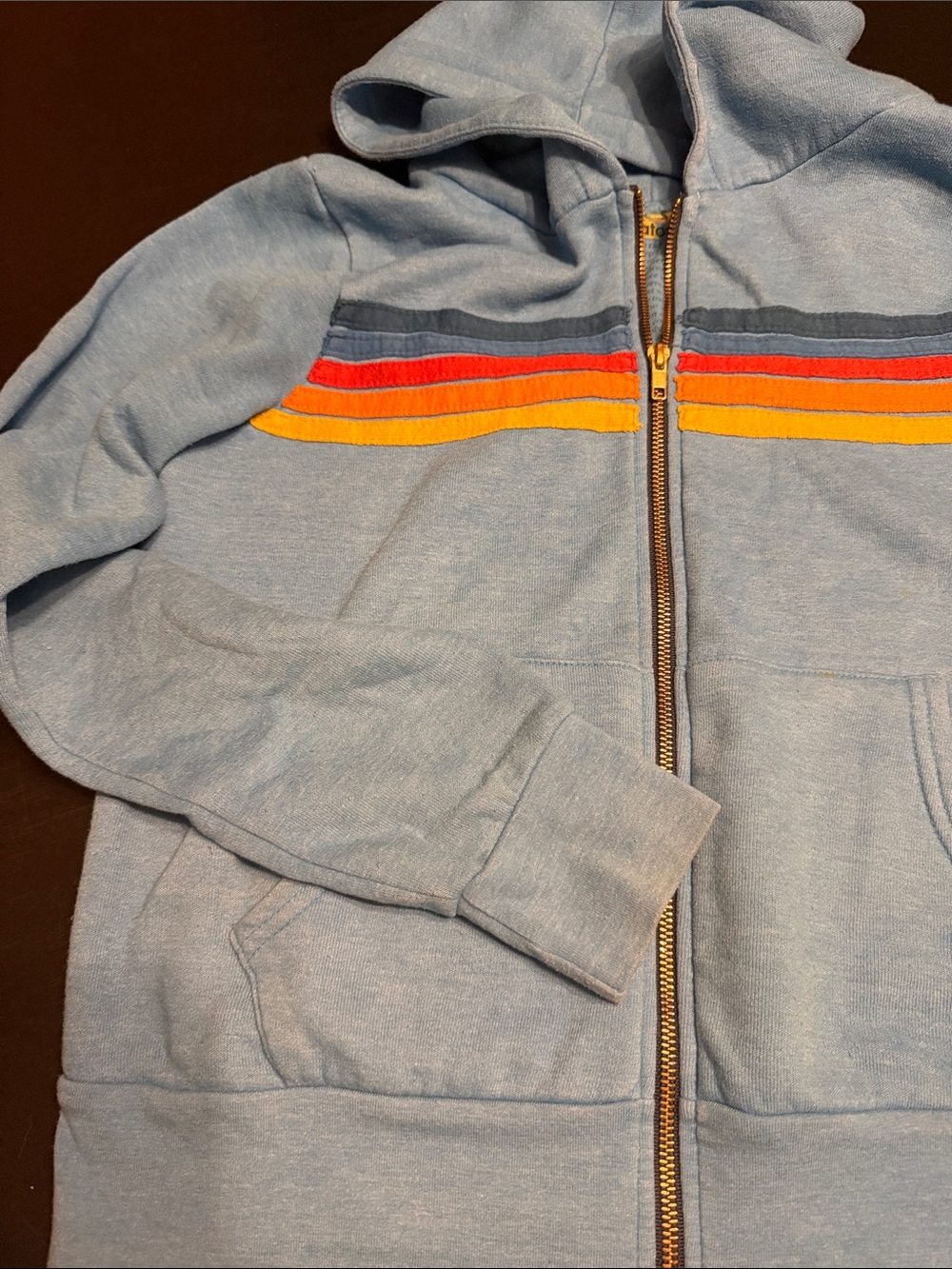 Aviator Nation Light Blue Zip Hoodie with Navy, Red & Yellow Stripes - Picture 5 of 6